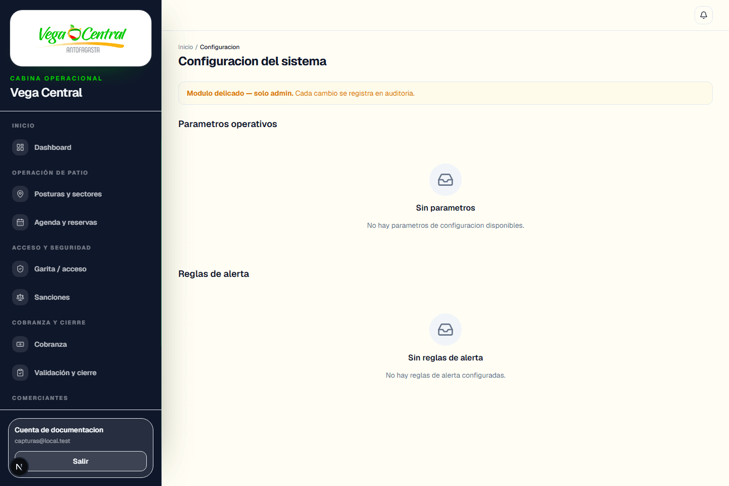 Módulo de configuración de Vega Central en estado inicial.